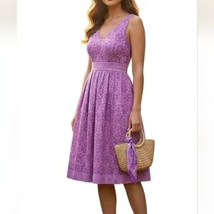 Soft Violet & Lilac Paisley Midi Tie Back Cotton Blend Summer Dress Women Large